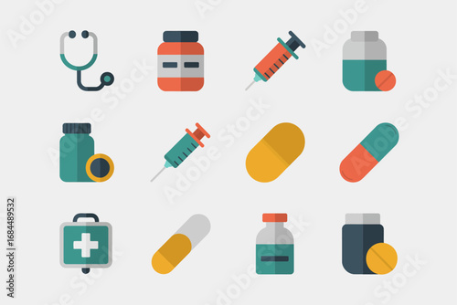 Pharmacy medicine icon set, pill capsule bottle syringe dropper ointment jar blister pack vitamin tube, flat vector healthcare elements