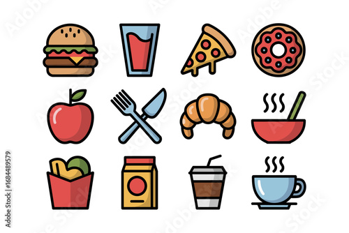 Fast food and cafe icon pack, burger pizza donut fries, coffee tea bowl salad croissant, utensils takeaway cup meal snack