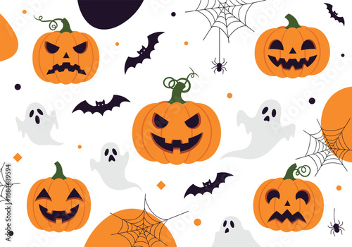 Spooky halloween pattern featuring carved pumpkins ghosts bats and cobwebs for festive decorations and celebrations