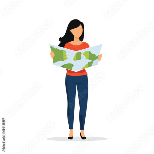 Woman Studying World Map, Travel Planning