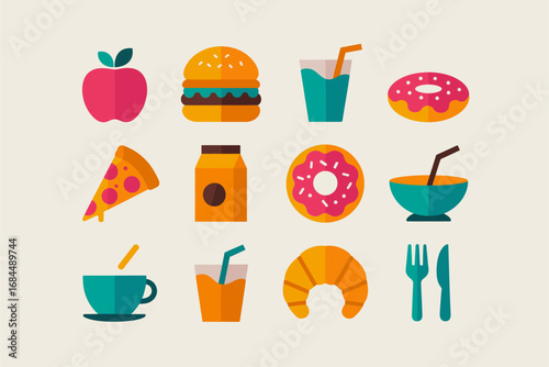 Minimal breakfast food icon collection, apple burger croissant donut, coffee tea juice bowl cereal milk, spoon fork plate