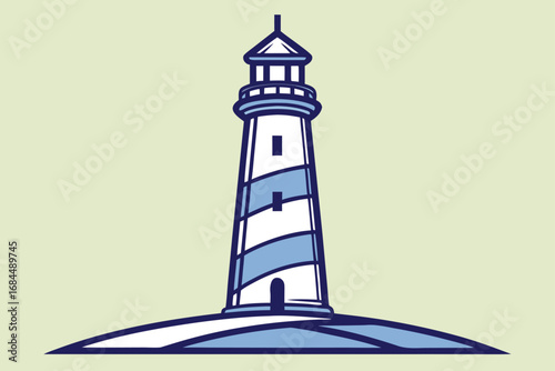 Stylized lighthouse illustration with blue stripes on light green background beacon maritime