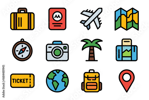 Tourist landmark map icon collection, suitcase passport airplane ticket camera compass location marker hotel globe, travel route planner symbols