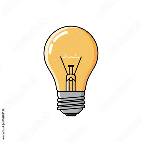 Brightly lit yellow lightbulb with a glowing filament and a grey screw base, isolated on a white background, representing ideas and illumination.