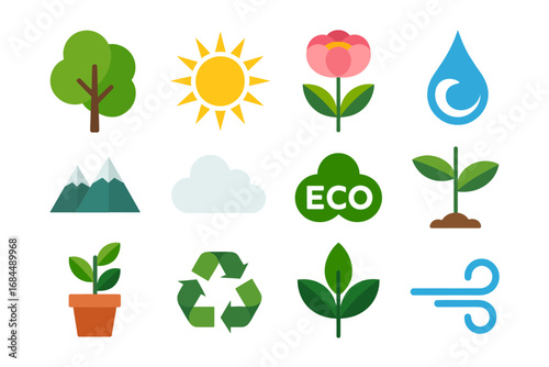 Eco nature icon pack, leaf plant recycle symbol sun water droplet mountain globe sprout, green energy sustainable icons