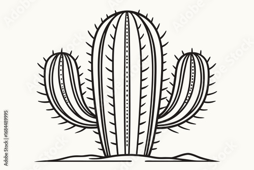 Stylized Line Art Illustration of a Saguaro Cactus with Three Arms desert plant