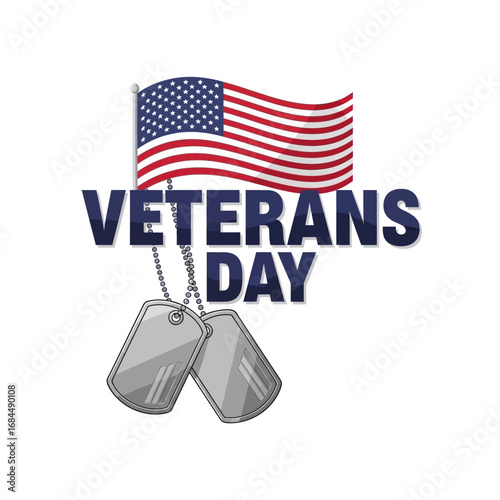 Patriotic tribute banner for Veterans Day with flag and dog tags graphic illustration