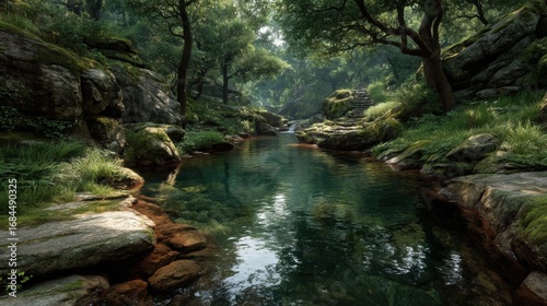 Sunlit Forest Stream Reflecting in Calm Water