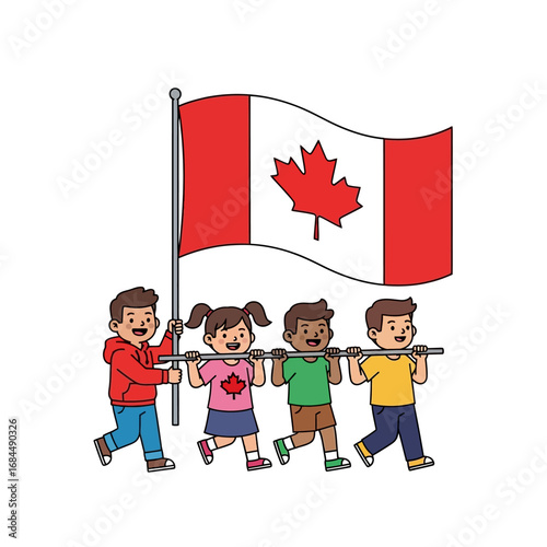 Festive illustration showcasing children joyfully celebrating Canada Day together with a national