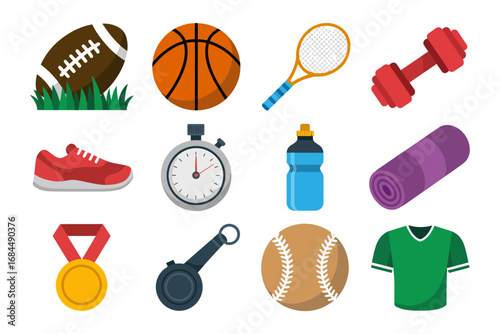 Sports equipment icon collection, football basketball tennis racket dumbbell stopwatch water bottle yoga mat medal whistle, active lifestyle vectors