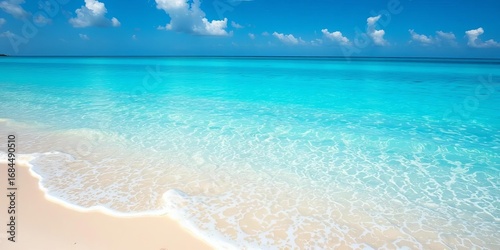 Fototapeta Naklejka Na Ścianę i Meble -  Azure tropical sea laps a pristine white sand beach, summer, scenic