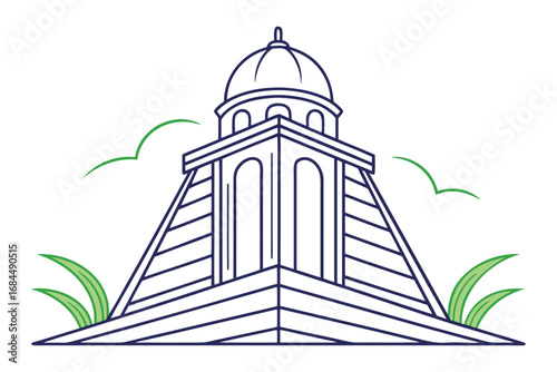 Stylized Outline of an Ancient Pyramid Temple with Greenery and White Background architecture