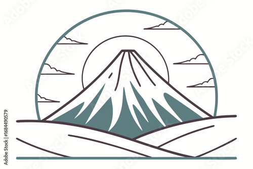 Stylized outline of Mount Fuji with sun and clouds in a half-circle Japan mountain