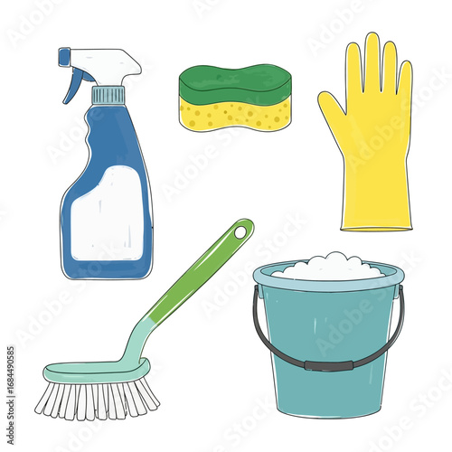 Assorted cleaning supplies in whimsical illustration style for household tidiness needs