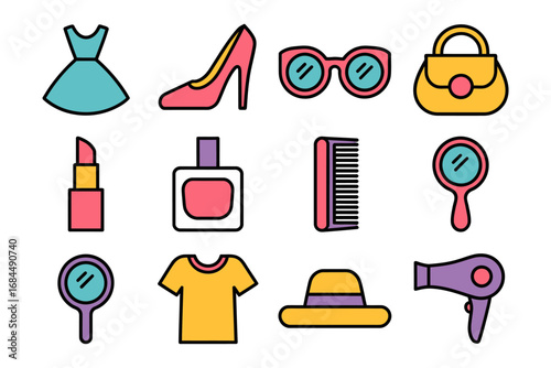 Cosmetic and fashion glyph collection, lipstick brush perfume compact mirror hat shoe sunglasses bag, dressing room accessories vector icons