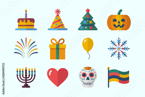 Holiday celebration icon pack, birthday cake party hat gift balloon christmas tree pumpkin menorah heart skull pride flag, festive symbols