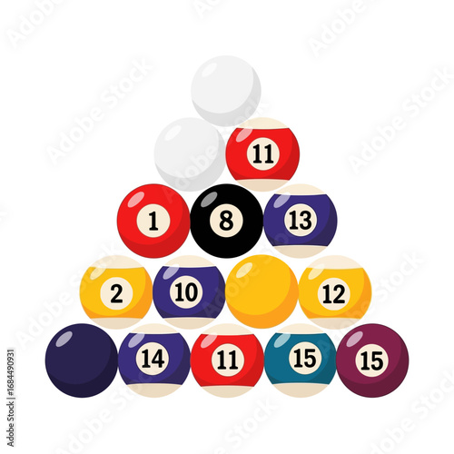Arrangement of colorful billiard balls in triangular rack formation on white surface