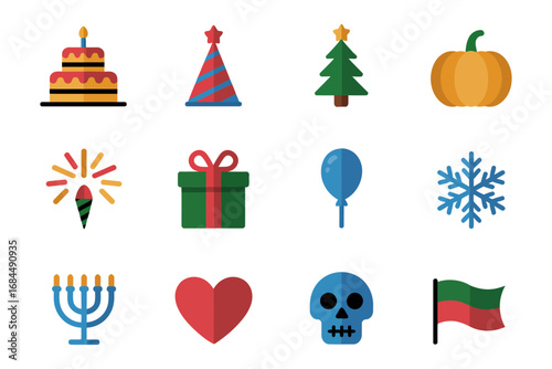 Holiday party icon pack, colorful cake hat gift balloon tree pumpkin menorah heart skull flag, festive vector symbols