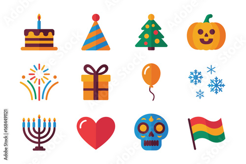 Festive party holiday icons pack, celebration symbols birthday cake party hat gift balloon confetti winter snowflake pumpkin menorah colorful flags