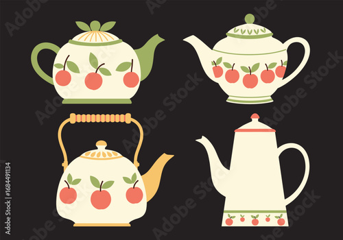 Charming collection of four vintage style teapots featuring delightful apple designs and gentle color palettes perfect for cozy kitchens and tea parties