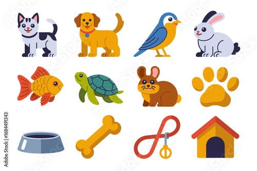 Domestic pet symbol pack, dog cat bird fish turtle food bowl bone leash paw house toy collar playful companion set
