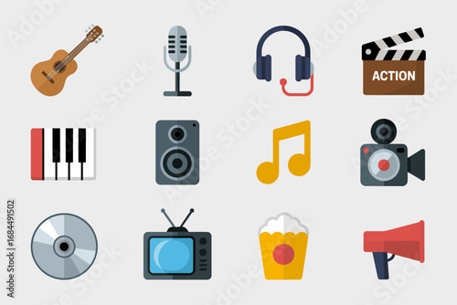 Entertainment cinema icon pack, microphone headphones speaker camera film clapper popcorn television music note record play button broadcast symbols