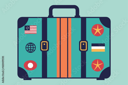Teal vintage suitcase adorned with travel stickers and stripes on a light blue background luggage