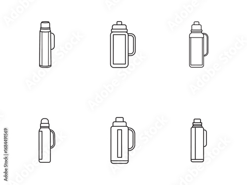 Thermos Flasks Vector Icons Collection Black and White Outline Illustrations for Camping Hiking and Travel Applications