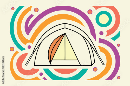 Tent Illustration with Abstract Colorful Swirls and Circles on Cream Background camping outdoors