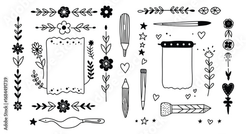 artistic stationery designs with floral patterns and writing tools