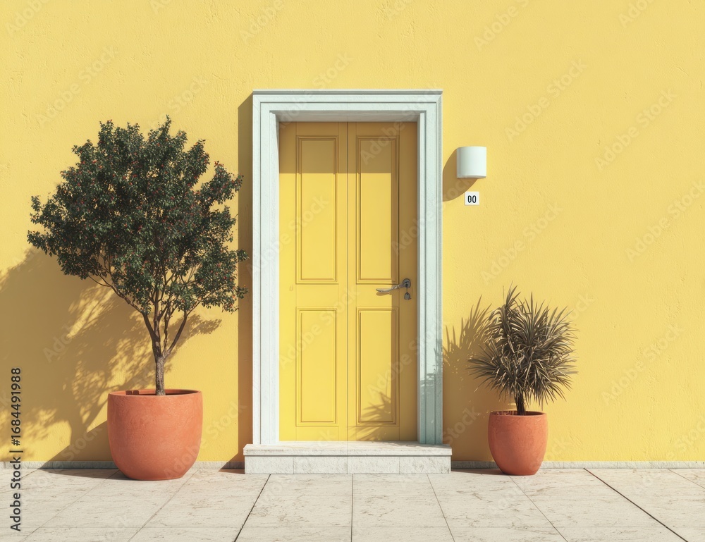 Fototapeta premium Sunny Yellow House Entrance with Plants