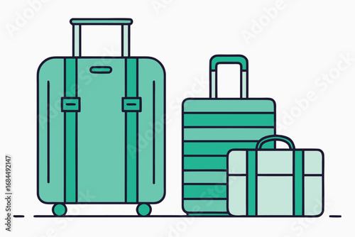 Three teal outline suitcases of different sizes on white background luggage travel