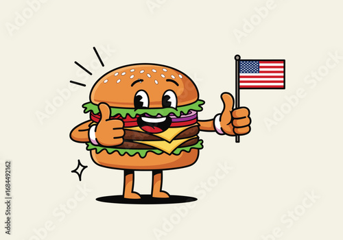 Happy cartoon burger character giving thumbs up holding american flag celebrating patriotism fun food illustration