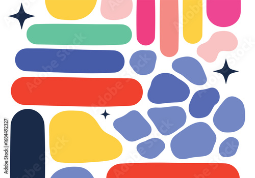 Vibrant abstract organic shapes and blobs modern geometric pattern design with star accents