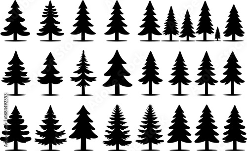 Pine tree silhouette pack, evergreen conifer vectors, forest tree icons in multiple sizes, camping scenery elements, woodland pattern design set