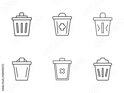 Variety of minimalist line art trash can icons for use in web design and app development projects offering modern and clean visuals