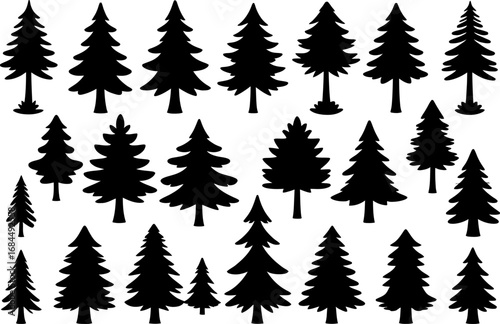 Conifer tree silhouette collection, layered pine vectors, forest landscape icons, varied tree shapes for seasonal design, greeting card decoration projects