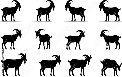 Goat repeat pattern pack, roaming herd silhouette tiles, animal motif seamless elements, varied horn angles, pastoral livestock vector set