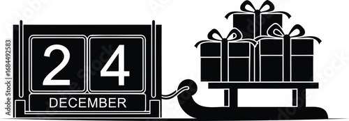 wrapped gifts and christmas tree with decoration | Christmas eve time concept | Date 24 December on calendar | vector illustration 