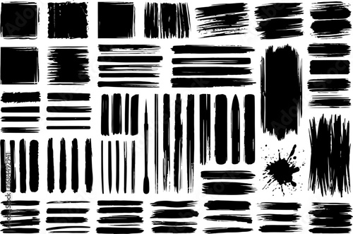 Grunge brush stroke pattern set, repeatable distressed stripes and marks, textured grid elements, inky seam tiles, artistic background vectors