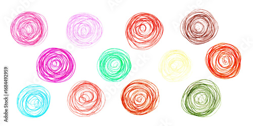 Set of circles drawn with colored pencils. Hand-drawn illustrations, different tones spots. Bright drawings of circles, background for stickers.
