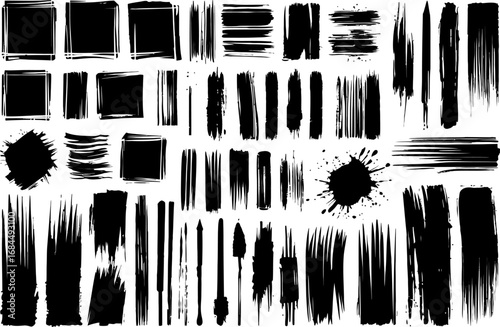 Grunge brush mark collection, assorted ink strokes and streaks, square and round smudges, heavy textured panels, printable vector assets