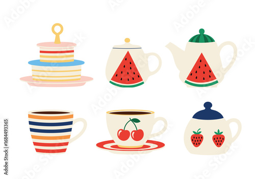 Whimsical ceramic tea set collection featuring fruit motifs and colorful stripes for delightful beverage service