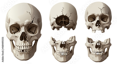 Illustration Vector SVG of Skulls with Cracks and Teeth in Realistic Style for Digital Design