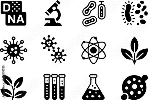 Science laboratory icon set, biology and chemistry symbols, microscope dna flask leaf atom virus petri dish, educational vector icons