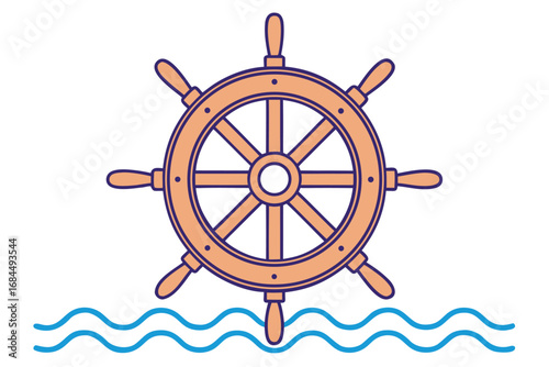 Wooden Ship's Wheel with Wavy Blue Lines on White Background ship wheel steering wheel