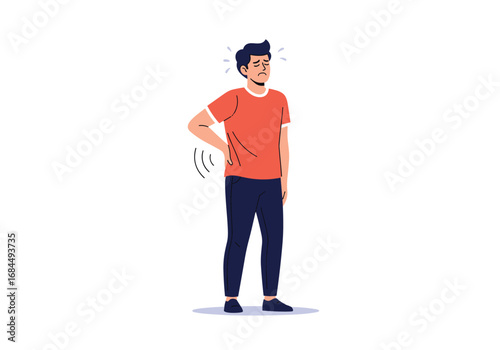 Man experiencing discomfort and lower back pain while standing upright and feeling unwell