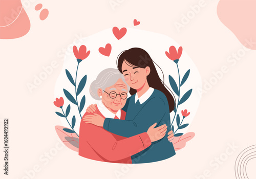 Cherishing moments of love and connection between generations a young woman embraces her grandmother with deep affection
