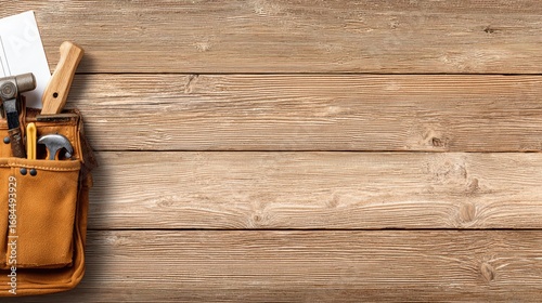 Tools in a canvas tool pouch on a wooden surface.