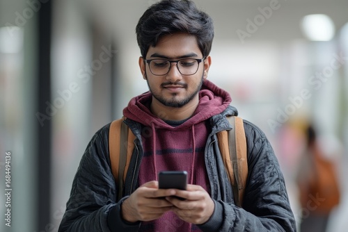 Indian young male student standing inside a campus, office, or university, using a phone, fully engaged in managing communication or personal tasks while balancing academic, Generative AI